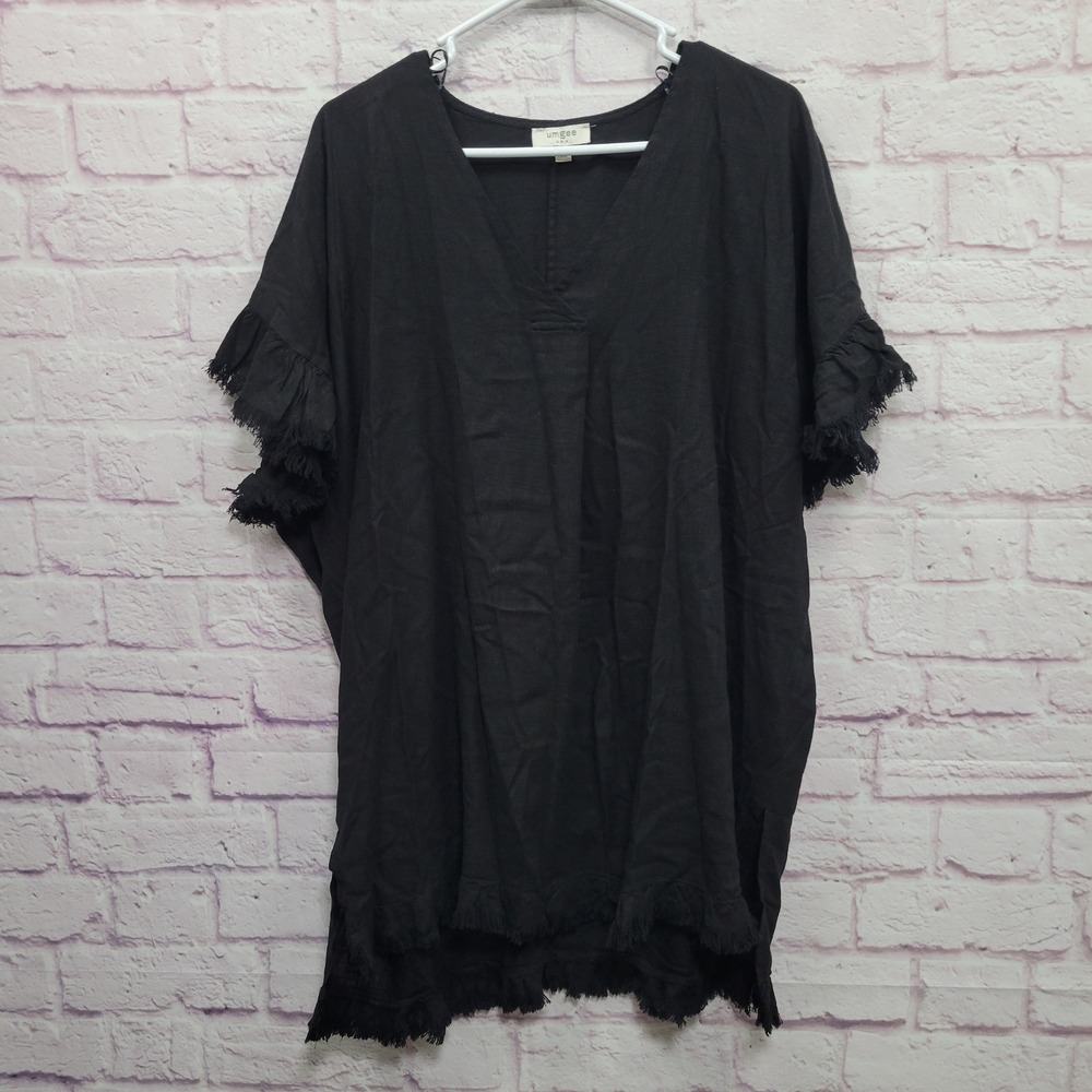 Umgee Black Linen Blend Fringe Trim Tunic Blouse M V-Neck Oversized Boho Witchy